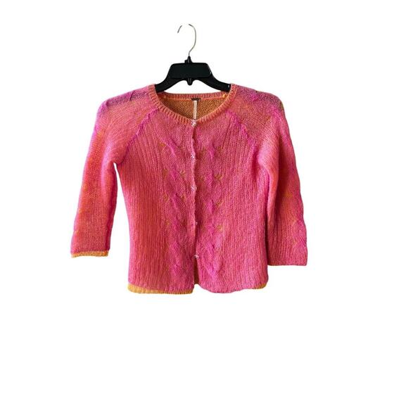 Free people pink orange mohair cardigan 3/4 sleeves size medium - Picture 3 of 8